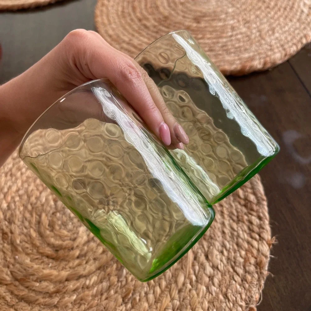 Vintage Green Textured Hammered Glass Drinking Tumblers Set Mid-Century Style